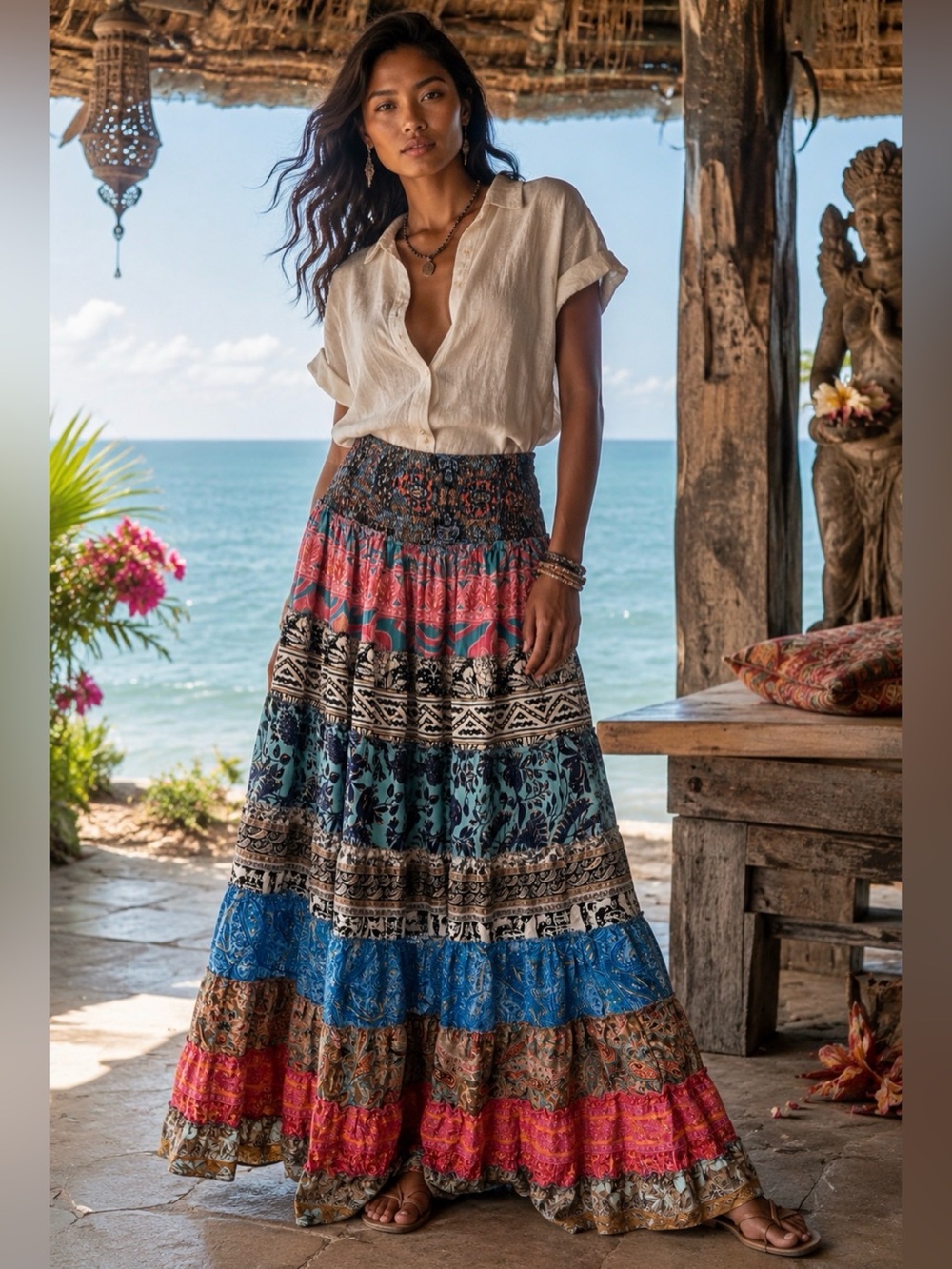 Multi-Color Silk Blend Floral Patchwork Tiered Ruffle Skirt Free Size Gypsy Boho